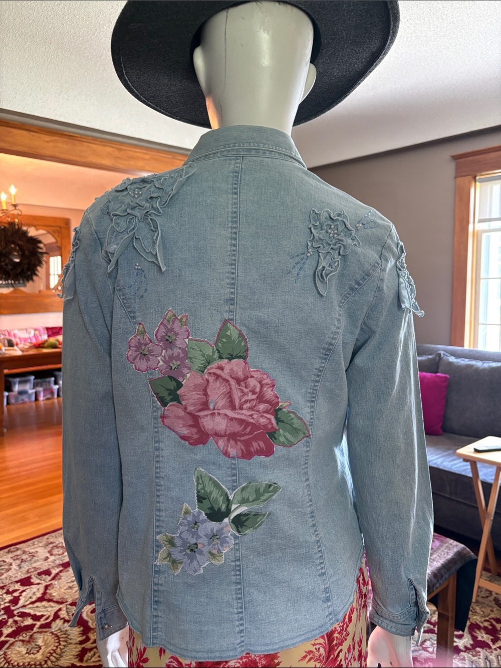 Upcycled denim, embroidered and beaded western inspired floral shirt